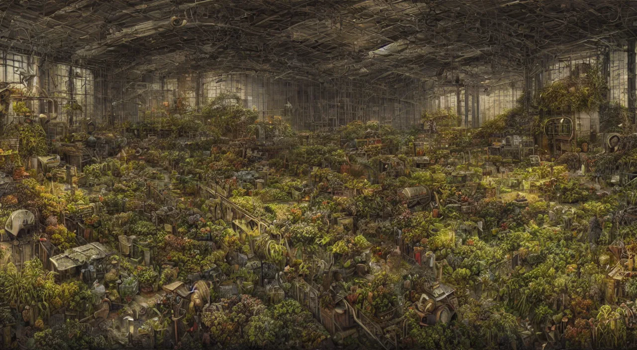 Image similar to A Warehouse of Alien Botany In The Style Of Andrea Kowch, Fantastic Surrealism Realism Symbolic Digital Art Fantastic Realism 8k Resolution, 64 Megapixels, Coherent, Behance HD, Hyper Detailed Digital Image