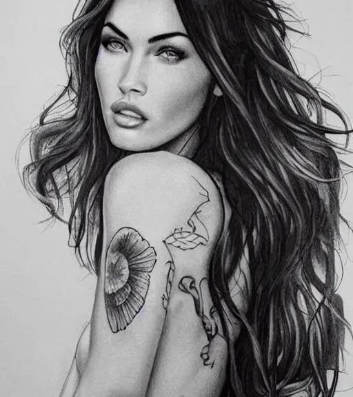 Image similar to tattoo design sketch of megan fox portrait against a background of the most beautiful nature, hyper - realistic, in the style of den yakovlev, amazing detail, black and white