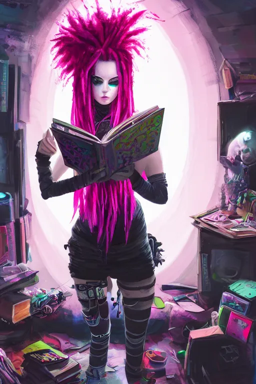 Prompt: portrait of a cybergoth girl with pink dreads reading a book on the floor of a cluttered 9 0 s bedroom, dynamic lighting, fantasy concept art, trending on art station, stunning visuals, creative, cinematic, ultra detailed,