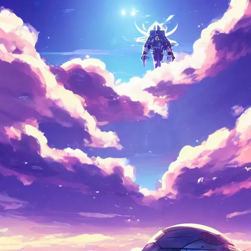 Image similar to a spaceship crashed into a foreign planet. The spaceship is buried in the ground. beautiful blue sky with large white anime clouds. in the style of digital art, artstation trending, rossdraws, breath of the wild, Makoto Shinkai, ghibli