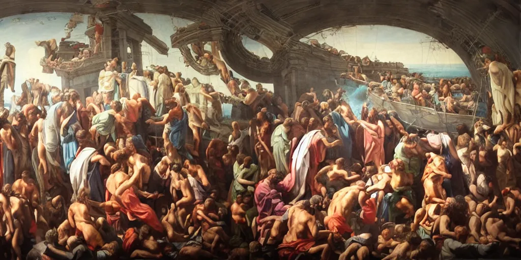 Prompt: a mix between the last supper, the raft of the medusa and the school of athens, matte painting, oil canvas, photorealistic illustration, extreme detail, hyper realistic, highly detailed, digital art