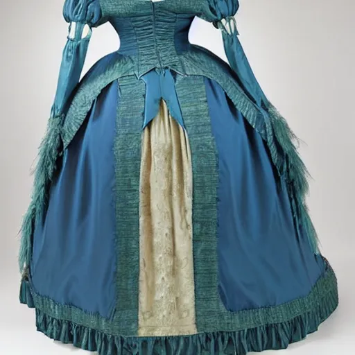 Image similar to the decorative detail of padded satin rouleaux are applied lavishly to this 1 8 2 0 s blue and green gauze dress. the feather pattern is an ethereal choice in gauze, overlaid with the couched loops of ivory silk.