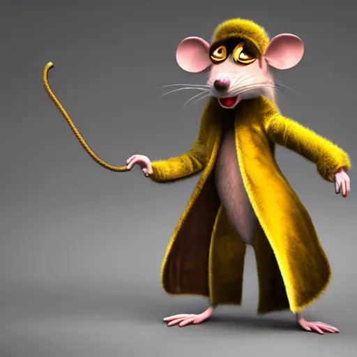 Prompt: 3d anthropomorphic rat, pixar, holding pistol, velvet, fur coat, high quality, expensive silk, gold detailing, fendi, high fashion