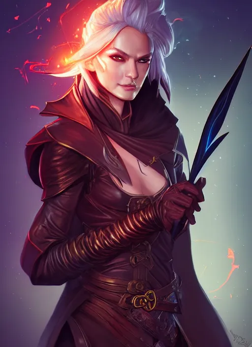 Image similar to portrait of a mix between wizard and rogue, female, shiny fire spell and dagger, leather robes, high fantasy, dnd, face details, extremely detailed, smooth, sharp focus, digital illustration, by artgem, rossdraws, sakimichan