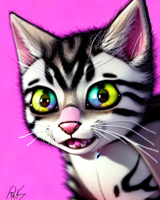 Image similar to hyper - realistic portrait of a very cute kitten, pink bow, big eyes, looking into the camera, gta v cover art, celshading, sharp focus, intricate, detailed, rhads, andreas rocha, makoto shinkai, lois van baarle, ilya kuvshinov, greg rutkowski, dynamic lighting, grunge aesthetic, 4 k