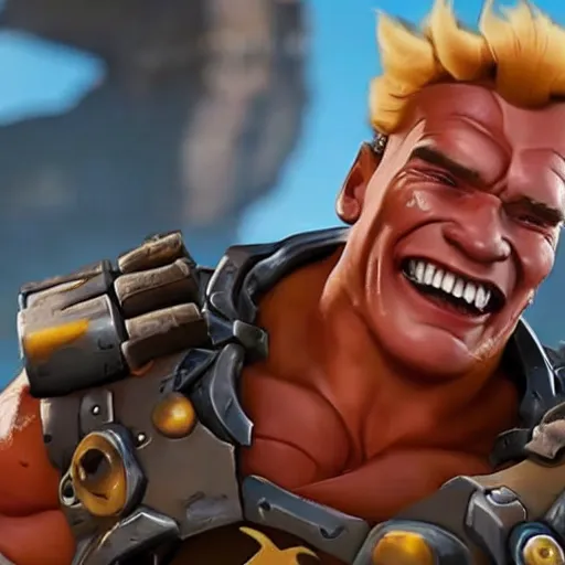 Image similar to a screenshot of arnold schwarzenegger as junkrat in overwatch