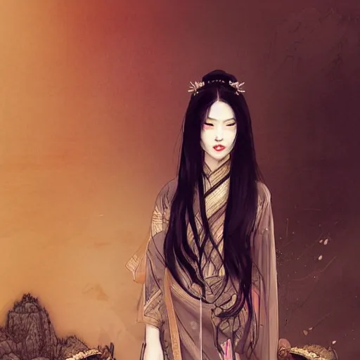 Prompt: ancient chinese princess, standing in an oasis in the desert, elegant, headshot, long black hair, ink painting, smooth, concept art, art by wlop