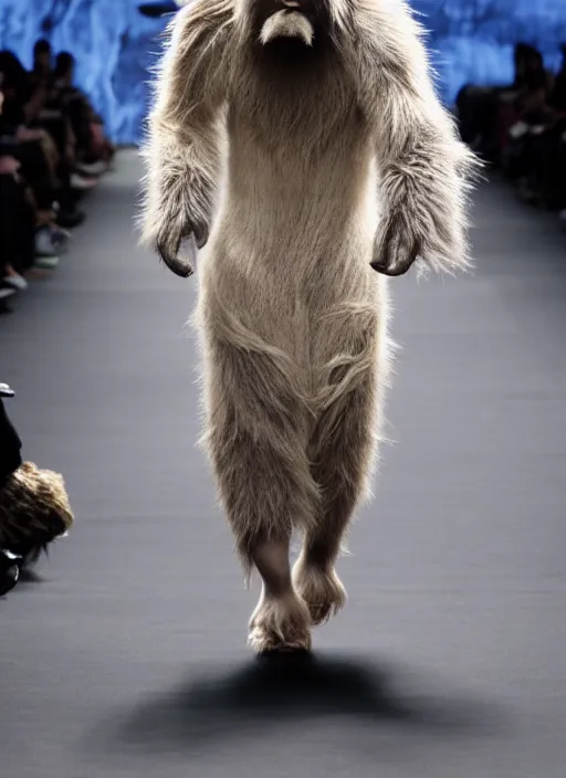 Prompt: The Yeti walking down the runway dressed in Yohji Yamamoto clothes