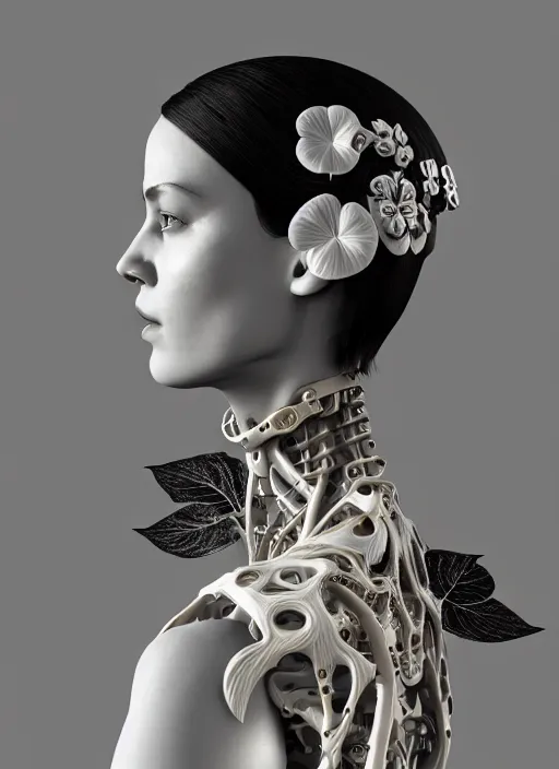 Image similar to monochrome 3 d model, biomechanical young female cyborg with porcelain profile face and a big floral eye, volumetric light, big leaves foliage and stems, hibiscus flowers, boho floral vines, sinuous fine roots, fine foliage lace, alexander mcqueen, rim light, art nouveau fashion pearl embroidered collar, steampunk, octane render, 8 k