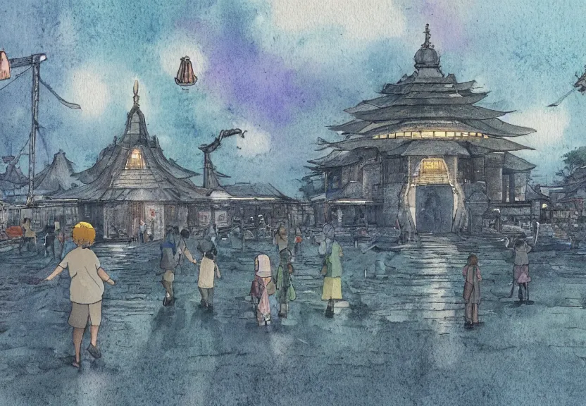 Image similar to a hyperrealist watercolor concept art from a studio ghibli film showing one giant grey aliens. a temple is under construction in the background in india on a misty and starry night. by studio ghibli. very dull muted colors