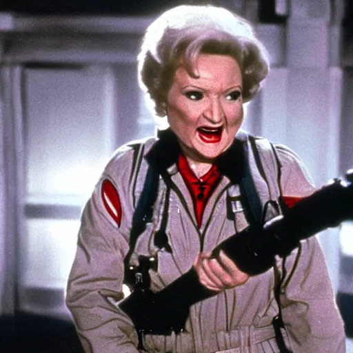 Image similar to stunning awe inspiring betty white as a ghostbuster in the movie ghostbusters, movie still 8 k hdr atmospheric lighting