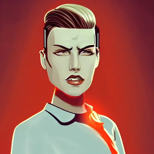 Prompt: character concept art of heroic stoic emotionless butch blond handsome woman engineer with very short slicked - back butch hair, narrow eyes, wearing atompunk jumpsuit, retrofuture, science fiction, illustration, pulp sci fi, digital art
