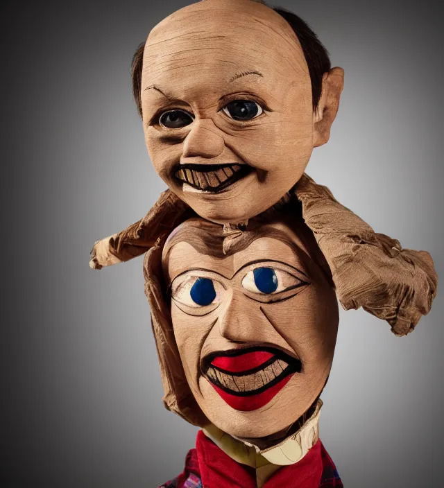 Prompt: hyper realistic photography of horror ventriloquist wooden puppet with old carved painted head