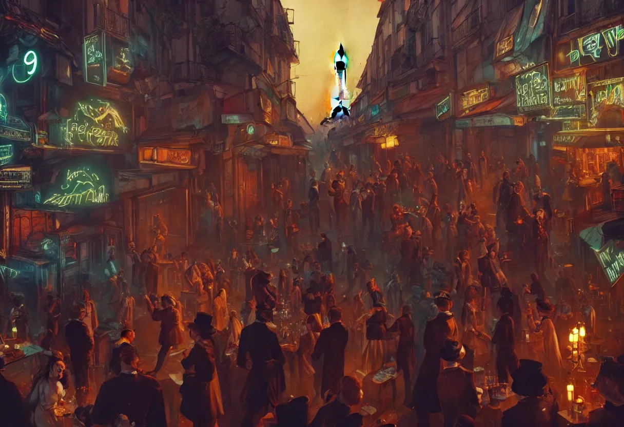 Prompt: a party in monmatre while a scifi and cyberpunk paris is melting down, belle epoque, art noveau, 4 k, high quality, sharp focus, ultra high definition, ultra detailed