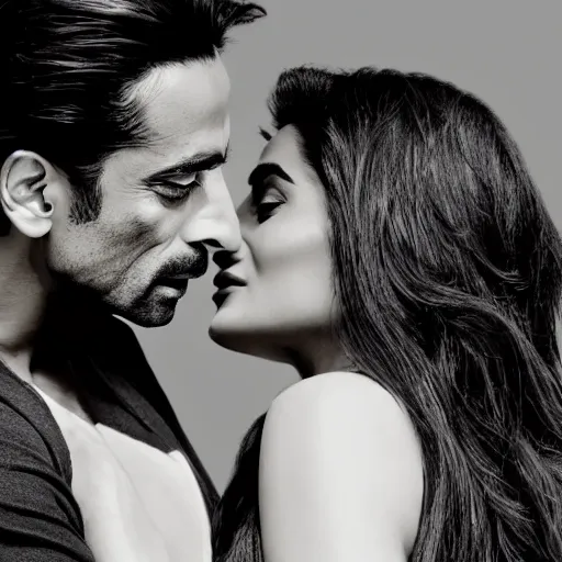 Image similar to closeup of kareena kapoor and arjun rampal kissing, natural lighting, hyper detailed, 1 0 0 mm, photographic, cinematic lighting, studio quality.