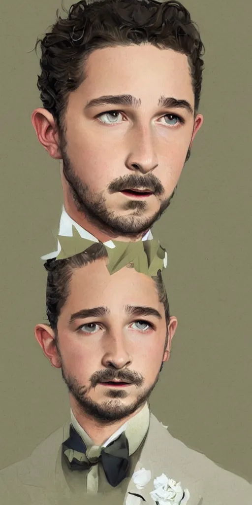 Image similar to a professional painting of Shia LaBeouf as a beautiful young prince, wearing an origami high fashion tuxedo, olive skin, buzzed short dark hair, beautiful bone structure, symmetrical facial features, intricate, elegant, digital painting, concept art, smooth, sharp focus, illustration, from Metal Gear, by Ruan Jia and Mandy Jurgens and Artgerm and William-Adolphe Bouguerea