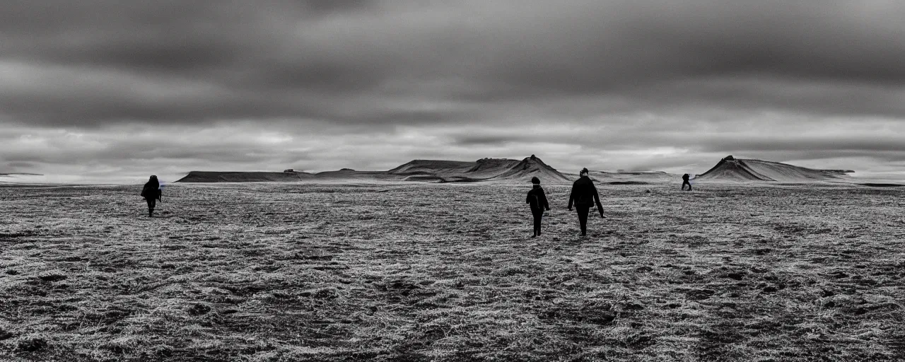 Prompt: Man and woman walking together, Iceland landscape, phone photo, 12mpx