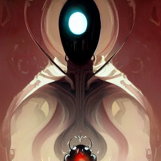 Image similar to Portrait of Hollow Knight , highly detailed, digital painting, artstation, concept art, sharp focus, illustration, art by greg rutkowski and alphonse mucha