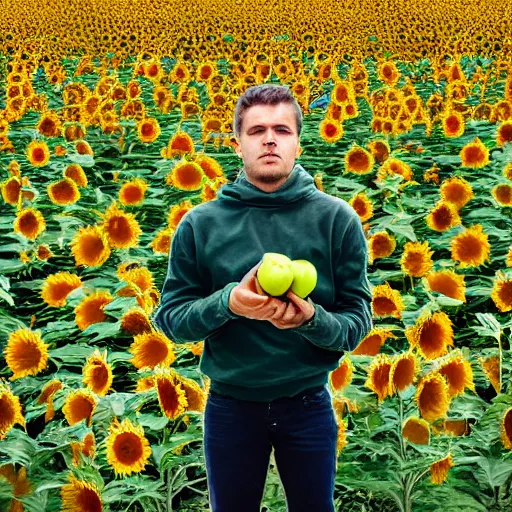 Prompt: A double exposure of a man holding an apple in a field of sunflowers