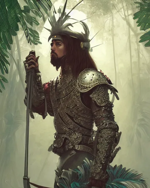 Image similar to ultra realistic illustration of a spanish conquistador wearing ornate armor in a dense foggy jungle environment by artgerm and miyazaki, octane, studio ghibli color scheme, intricate, portrait, anatomy, artstation, cinematic lighting, sharp focus