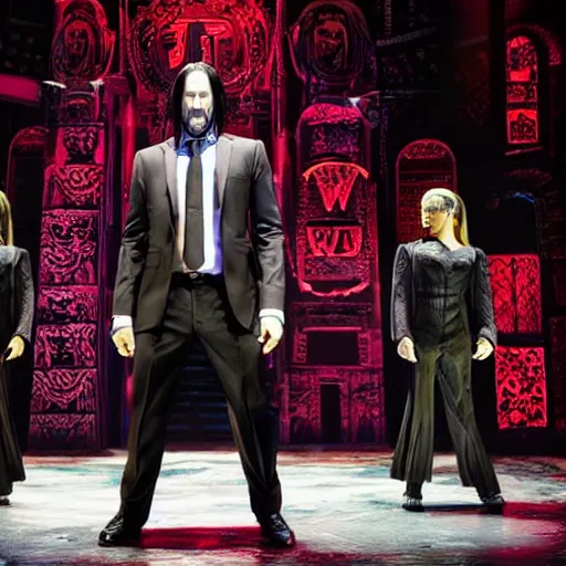 Image similar to Production photo of John Wick the musical on broadway, dancing, singing, fighting, John Wick costumes by Julie Taymor, set design by Julie Taymor