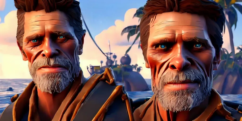 Image similar to selfie of willem dafoe as a sea of thieves character, sea of thieves screenshot, storm, unreal engine, digital art