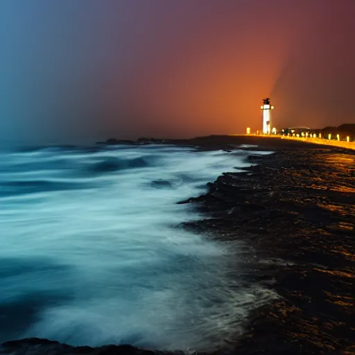 Prompt: stormy ocean at night, lighthouse in the background concealed by fog