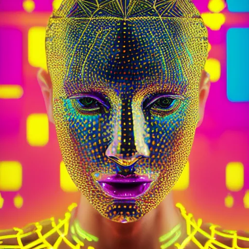 Image similar to hyperdetailed masterpiece portrait of a glossy golden metallic statue of a woman covered in colorful glowing digital circuits and hexagons, symmetrical, in the style of virgil abloh, offwhite, heron prestorn, denoise, vogue, paris, fashion, louvre museum, highly detailed, realistic, hyperreal, 8 k, render