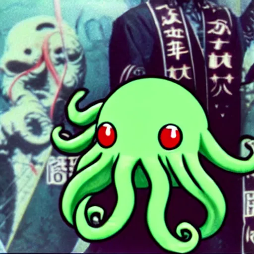 Image similar to a photograph of cthulhu as a japanese mascot, filmic, cinematographic