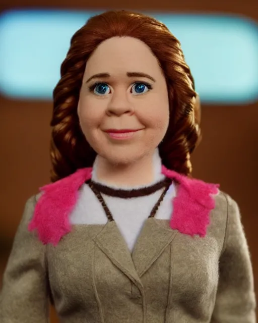 Image similar to pam beesley as a muppet. highly detailed felt. hyper real photo. 4 k.