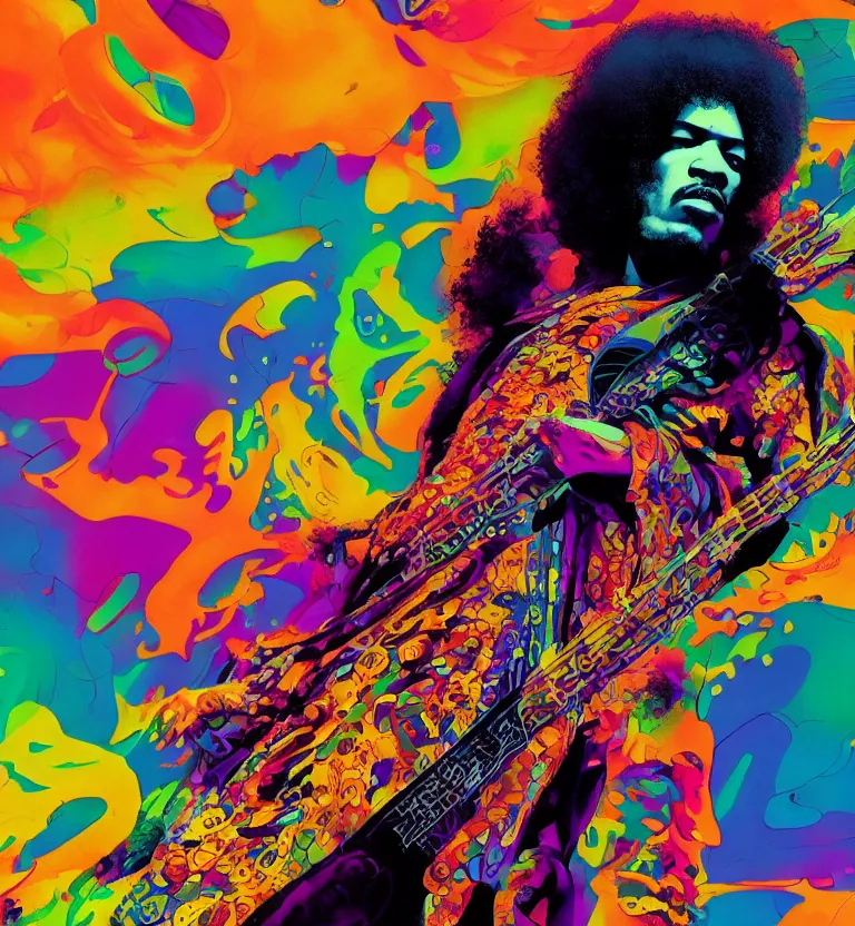 Prompt: jimi hendrix full body, colourful afrofuturist biomorphic opart in background, octane render 8 k, pascal blanche, roger dean, james jean, moebius, syd mead, killian eng, scifi, 8 k