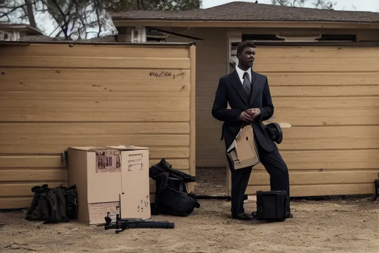 Image similar to cinematography of man in suit selling guns at little cardboard stand in residential neighborhood by Emmanuel Lubezki