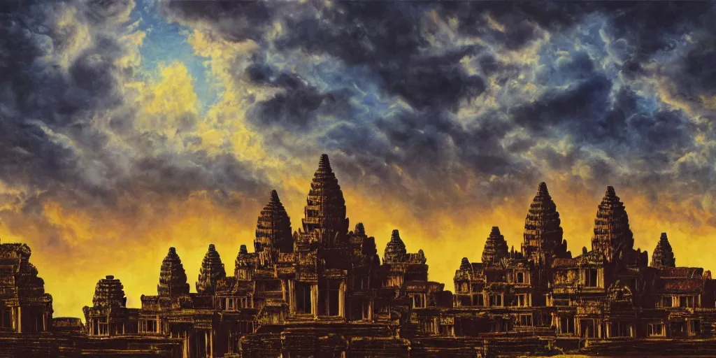 Prompt: fantasy oil painting, hybrid, mega structure city, angkor wat, kailasa temple, ellora, looming, small buildings, warm lighting, street view, silhouetted figure standing overlooking, space port city, epic, distant mountains, bright clouds, luminous sky, cinematic lighting, michael cheval, david palladini, artstation, oil painting, natural tpose