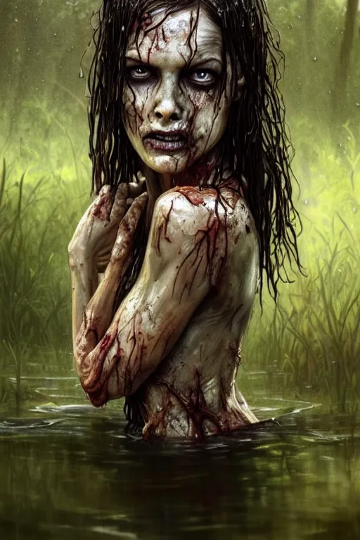 Image similar to full body portrait of walking dead zombie, standing in a pond, soaking wet hair, by terry o'neill intricate, elegant, highly detailed, digital painting, glistening skin, artstation, concept art, smooth, sharp focus, bright lighting, illustration, art by artgerm and greg rutkowski and alphonse mucha, 8 k