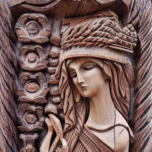 Prompt: goddess, forest, abstract, ornate, relief, wood carving, detailed, beautiful, eyes open