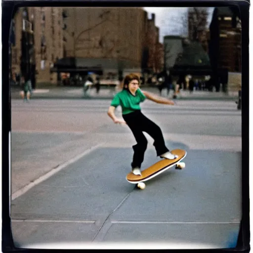 Image similar to Anna Akhmatova skateboarding, 90s polaroid, by Saul Leiter, Jamel Shabazz, Nan Goldin