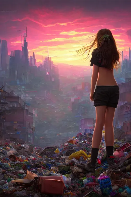 Image similar to teenage beauty girl mini hort with backpack looking at food at garbage dump, destroyed cars, city is pure wasteland, moody sunset background, rays of sunlights, ( ( ( rainbow ) ) ), high details, sharp, photorealism, cinematic, greg rutkowski, alphonse mucha, trending on artstation, artgerm, unreal engine, highly detailed