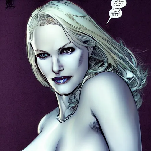 Prompt: Portrait of Emma Frost, a beautiful woman in her 30s, with white blonde hair and blue eyes, symmetrical face, detailed face, delicate features, graphic novel, art by Ardian Syaf,