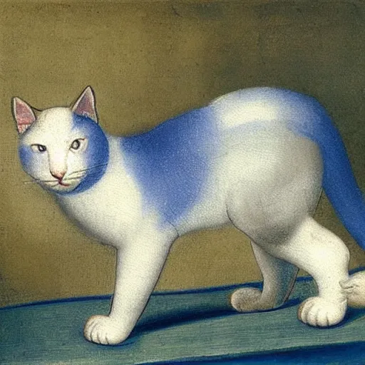 Prompt: a painting of a white cat with blue glowing eyes walking towards the viewer, in the style of leonardo da vinci.
