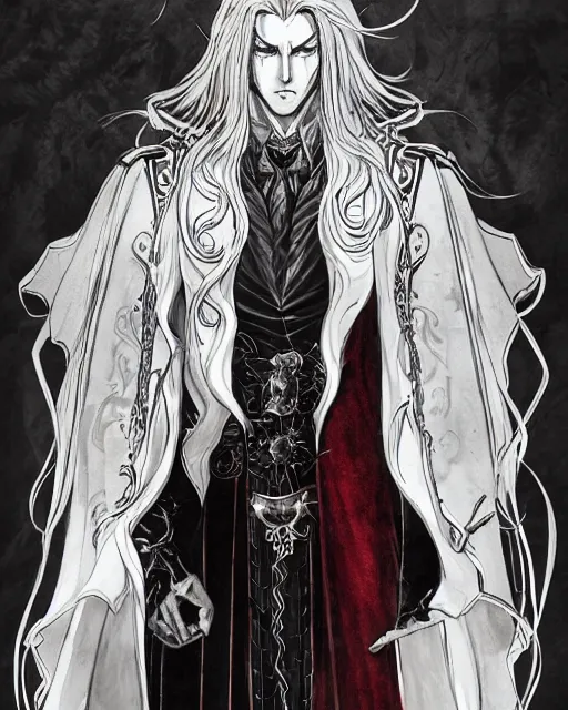 Image similar to portrait of alucard from castlevania, elegant, beautiful, mesmerizing, concept art, inspired by otoyomegatari manga, fancy clothing, highly detailed, artstation, behance, deviantart, trending, kaoru mori