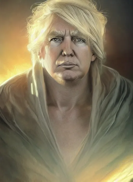 Image similar to Portrait of Donald Trump, white glowing eyes, silver shaggy hair, cloak, ethereal wings, male, fantasy, extremely detailed, digital painting, artstation, concept art, smooth, sharp focus, illustration, stunning lighting, art by artgerm and greg rutkowski and alphonse mucha and simon stalenhag, realistic character concept, high fantasy, light atmosphere, golden ratio, cinematic lighting, hyperdetailed, high resolution, insanely detailed and intricate, artstation, Marc Simonetti, Greg Rutkowski, 8k