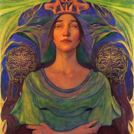 Image similar to the river crown, by Annie Swynnerton and Nicholas Roerich and Diego Rivera, green skin, elaborate costume, geometric ornament, rich color, dramatic cinematic lighting, smooth, sharp focus, extremely detailed