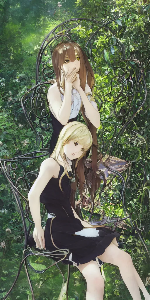 Prompt: a loli with long hair in a black dress sitting on a metal garden chair in the privet garden at afternoon, green and warm theme, back lighting, highly detailed, by krenz cushart and mucha and akihito yoshida and greg rutkowski and makoto shinkai and studio ghibli, detailed eyes, 4 k resolution, trending on art station