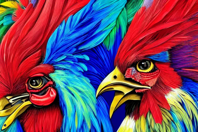 Prompt: illustration of a rooster with feathers of many colors, by ken barthelmey and liam cobb, lively colors, portrait, sharp focus, colored feathers, jungle