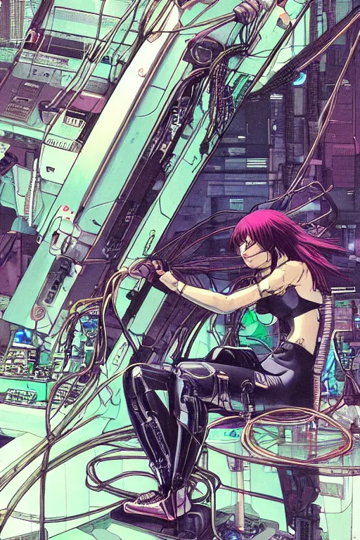 Image similar to hypedetailed cyberpunk illustration of motoko kusanagi seated in the lab, with wires and cables coming out of her head and back, by masamune shirow and katsuhiro otomo, colorful, detailed, back view