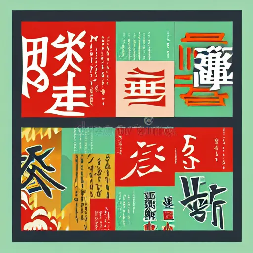 Prompt: square LP album cover design with bright and colourful contemporary typographic Japanese kanji, layout design, illustrator vector graphics