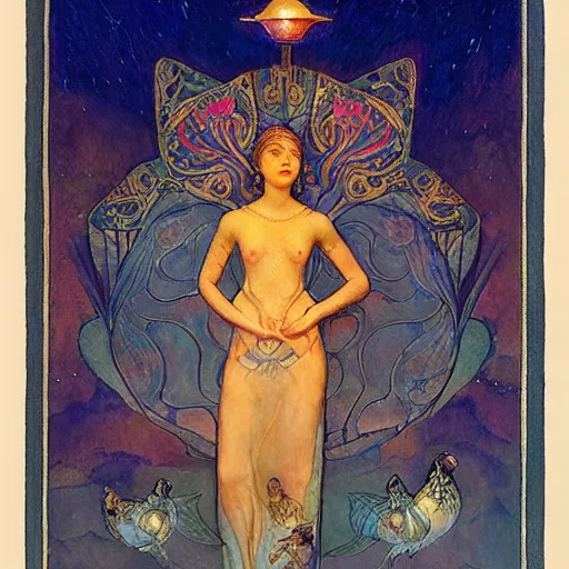 Image similar to queen of the dawn with her lantern and birds, by Annie Swynnerton and Nicholas Roerich, bioluminescent skin, floral tattoos, elaborate costume, geometric ornament, symbolist, smooth, sharp focus, extremely detailed, unreal engine