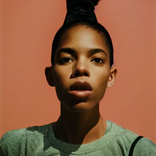 Image similar to realistic photoshoot for a new nike lookbook, color film photography, portrait of a beautiful woman in style of tyler Mitchell, 35mm, graflex