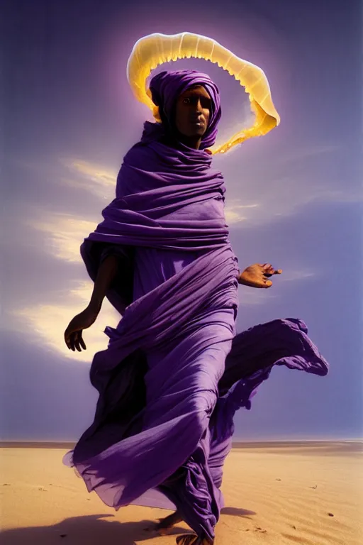 Image similar to full lenght flowing twisted clothes like tornado a old tuareg woman, many fabric, stones near foot, wind, stands on sand, full body shot, dark background, pastel purple colour scheme, jellyfish phoenix, highly detailed. by caravaggio, greg rutkowski