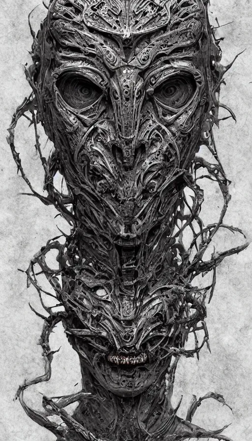 Image similar to ancient biomechanoid hybrid slavic multifaced god armored head fantasy beautiful human witch face mask tattoo pattern concept, glagolitic glyph, intricate artwork by, Johnatan Wayshak, Zdizslaw Beksinski, Artgerm, H.R. Giger, very coherent artwork, cinematic, hyper realism, high detail, octane render, unreal engine, 8k, High contrast, higly detailed black ink outline, crosshatch sketch gradient